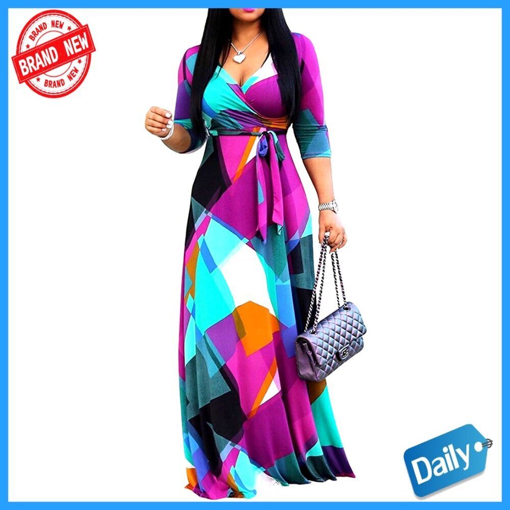 Plus Size Maxi Dress V-Neck 3/4 Sleeve High Waist Pocket Summer Casual